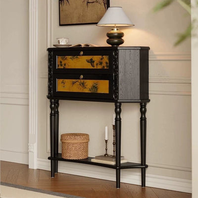 Traditional French Ash Wood Muslin Trapezoidal Carved Side Table 2-Cabinet For Entryway