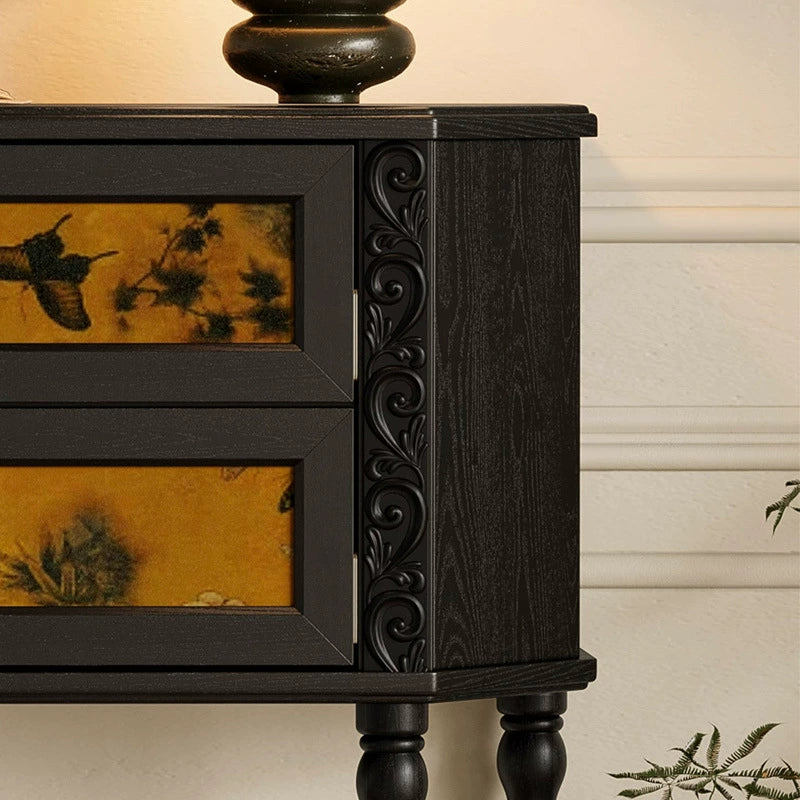 Traditional French Ash Wood Muslin Trapezoidal Carved Side Table 2-Cabinet For Entryway