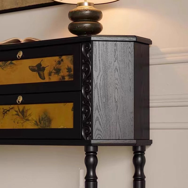 Traditional French Ash Wood Muslin Trapezoidal Carved Side Table 2-Cabinet For Entryway