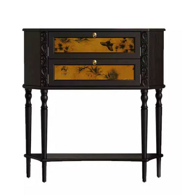 Traditional French Ash Wood Muslin Trapezoidal Carved Side Table 2-Cabinet For Entryway