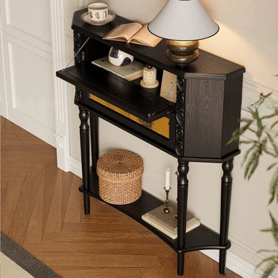 Traditional French Ash Wood Muslin Trapezoidal Carved Side Table 2-Cabinet For Entryway