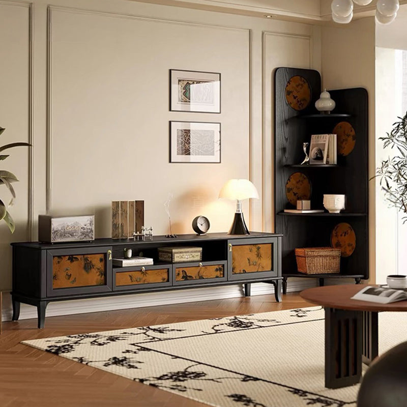 Traditional French Solid Wood Muslin Rectangular TV Stand 2-Cabinet Drawer For Living Room