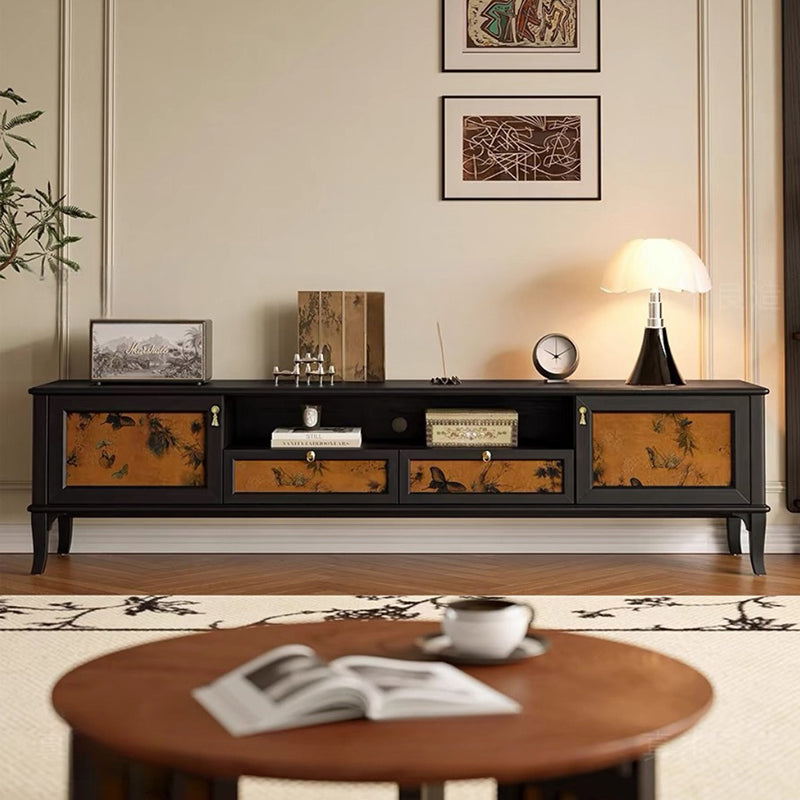 Traditional French Solid Wood Muslin Rectangular TV Stand 2-Cabinet Drawer For Living Room