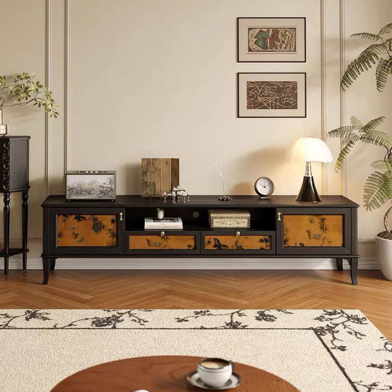 Traditional French Solid Wood Muslin Rectangular TV Stand 2-Cabinet Drawer For Living Room