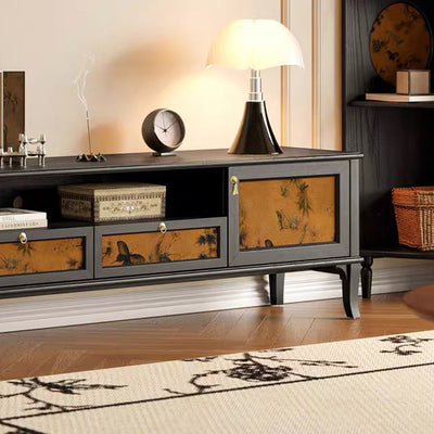 Traditional French Solid Wood Muslin Rectangular TV Stand 2-Cabinet Drawer For Living Room