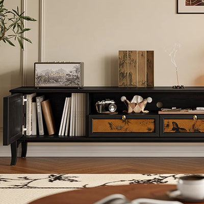 Traditional French Solid Wood Muslin Rectangular TV Stand 2-Cabinet Drawer For Living Room