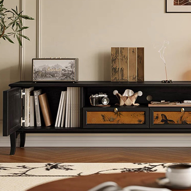 Traditional French Solid Wood Muslin Rectangular TV Stand 2-Cabinet Drawer For Living Room