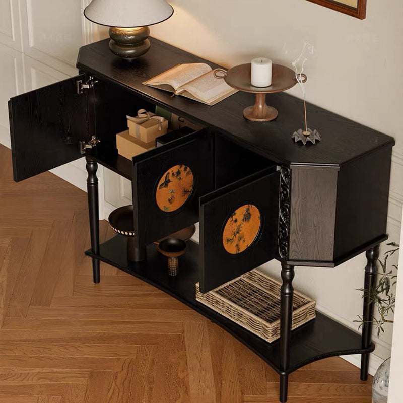 Traditional French Solid Wood Handmade Muslin Trapezoidal Carved Side Table 3-Cabinet For Entryway
