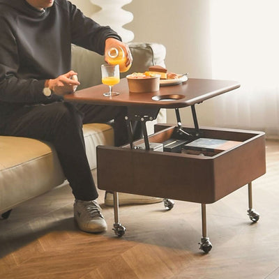 Mesa de café contemporánea retro de madera de caucho con herrajes de acero inoxidable cuadrada, elevable y movible con 1 almacenamiento para sala de estar 
