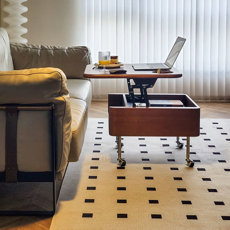 Mesa de café contemporánea retro de madera de caucho con herrajes de acero inoxidable cuadrada, elevable y movible con 1 almacenamiento para sala de estar 