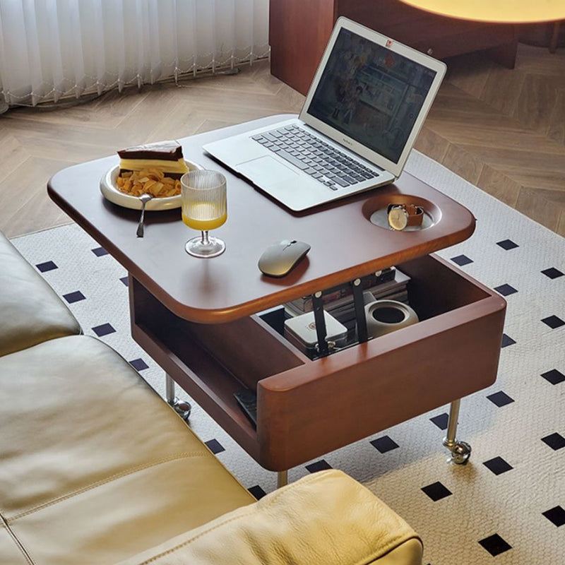 Mesa de café contemporánea retro de madera de caucho con herrajes de acero inoxidable cuadrada, elevable y movible con 1 almacenamiento para sala de estar 