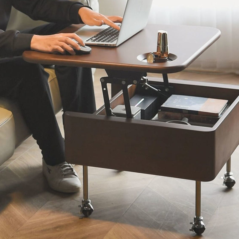 Mesa de café contemporánea retro de madera de caucho con herrajes de acero inoxidable cuadrada, elevable y movible con 1 almacenamiento para sala de estar 
