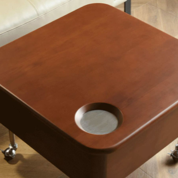 Table basse contemporaine en bois de caoutchouc rétro avec matériel en acier inoxydable carré, relevable et mobile, avec 1 rangement pour le salon 
