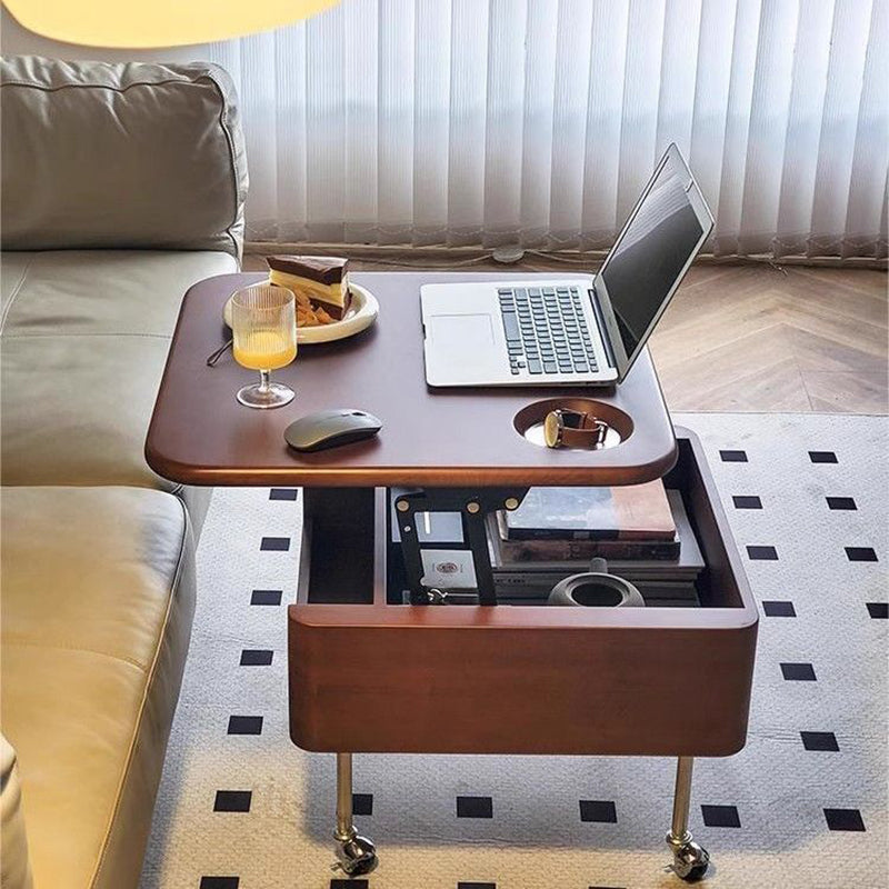 Mesa de café contemporánea retro de madera de caucho con herrajes de acero inoxidable cuadrada, elevable y movible con 1 almacenamiento para sala de estar 