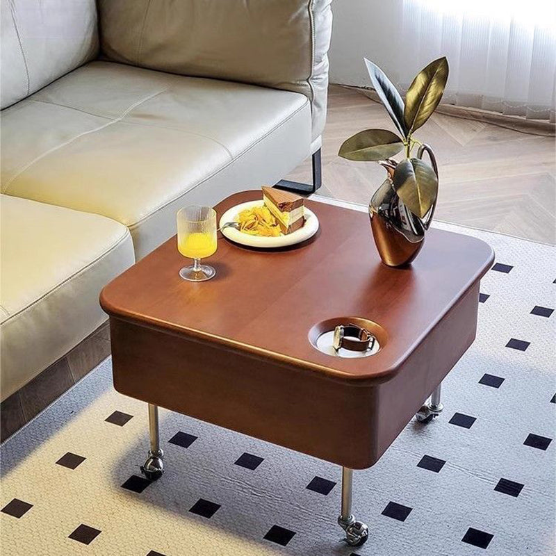 Table basse contemporaine en bois de caoutchouc rétro avec matériel en acier inoxydable carré, relevable et mobile, avec 1 rangement pour le salon 