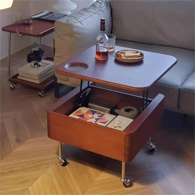Mesa de café contemporánea retro de madera de caucho con herrajes de acero inoxidable cuadrada, elevable y movible con 1 almacenamiento para sala de estar 