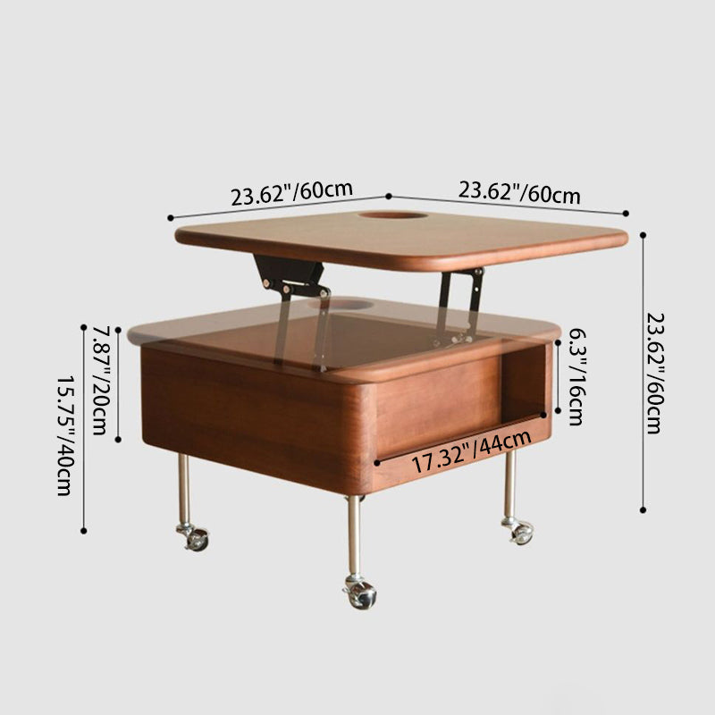 Table basse contemporaine en bois de caoutchouc rétro avec matériel en acier inoxydable carré, relevable et mobile, avec 1 rangement pour le salon 