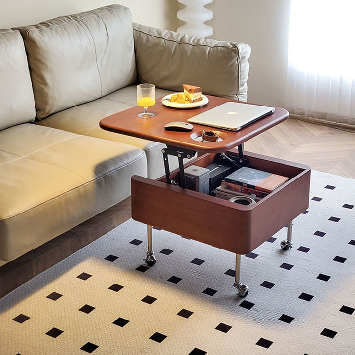 Table basse contemporaine en bois de caoutchouc rétro avec matériel en acier inoxydable carré, relevable et mobile, avec 1 rangement pour le salon 