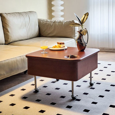 Mesa de café contemporánea retro de madera de caucho con herrajes de acero inoxidable cuadrada, elevable y movible con 1 almacenamiento para sala de estar 