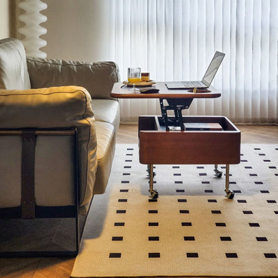 Mesa de café contemporánea retro de madera de caucho con herrajes de acero inoxidable cuadrada, elevable y movible con 1 almacenamiento para sala de estar 