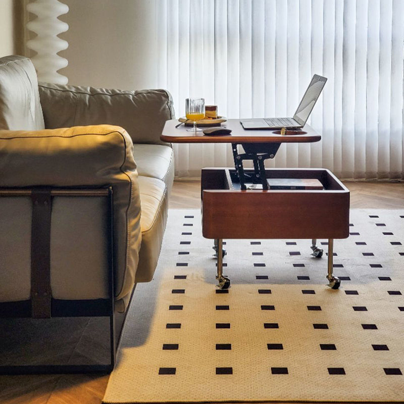 Mesa de café contemporánea retro de madera de caucho con herrajes de acero inoxidable cuadrada, elevable y movible con 1 almacenamiento para sala de estar 