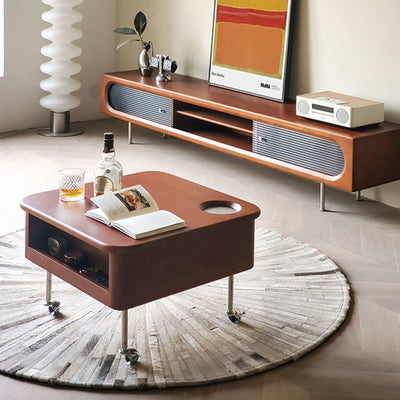 Mesa de café contemporánea retro de madera de caucho con herrajes de acero inoxidable cuadrada, elevable y movible con 1 almacenamiento para sala de estar 