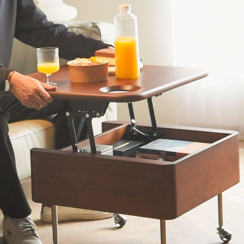Mesa de café contemporánea retro de madera de caucho con herrajes de acero inoxidable cuadrada, elevable y movible con 1 almacenamiento para sala de estar 