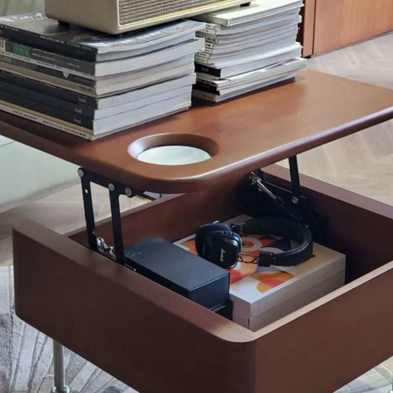 Mesa de café contemporánea retro de madera de caucho con herrajes de acero inoxidable cuadrada, elevable y movible con 1 almacenamiento para sala de estar 