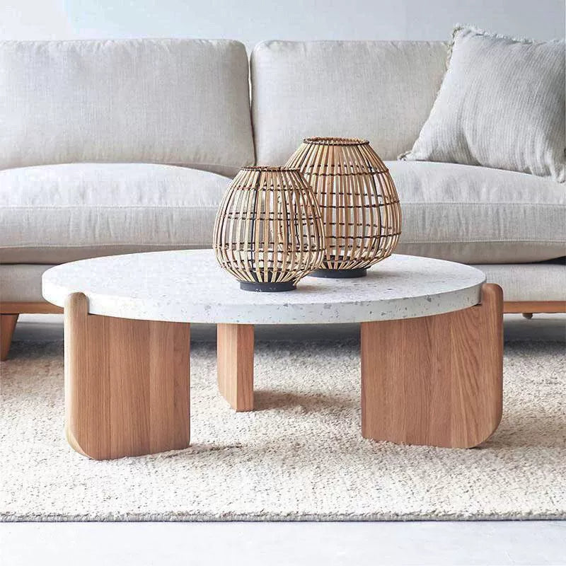 Contemporary Nordic Wood Terrazzo Round Coffee Table Combination For Living Room