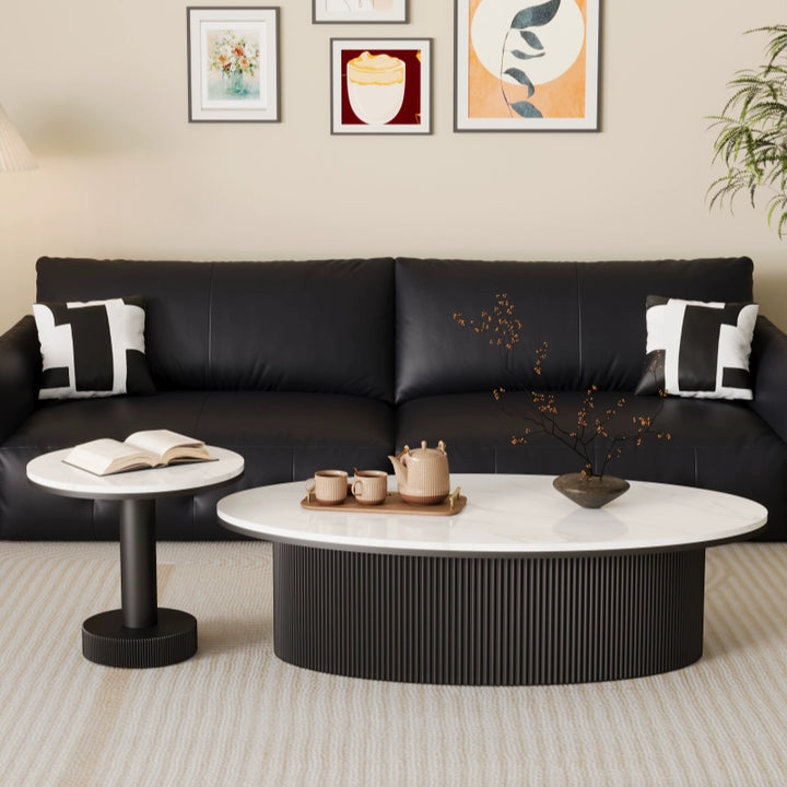 Zeitgenössisches skandinavisches Set aus Eisen mit ovalem, rundem, gestreiftem Couchtisch für das Wohnzimmer 
