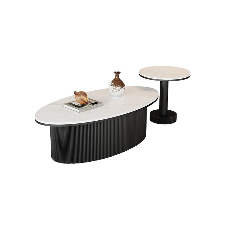 Zeitgenössisches skandinavisches Set aus Eisen mit ovalem, rundem, gestreiftem Couchtisch für das Wohnzimmer 
