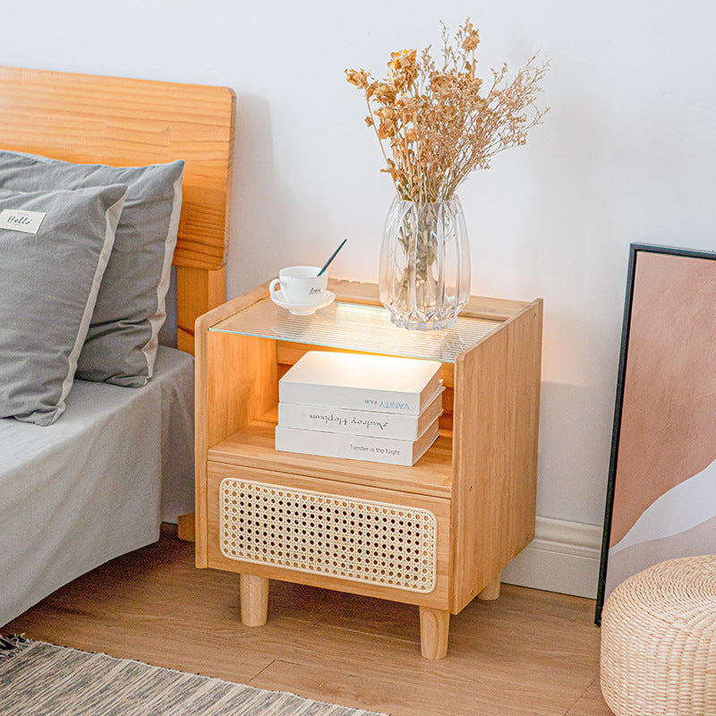 Traditional Japanese Weaving Rattan Glass Wood Rectangular Nightstand 1-Drawer For Bedside