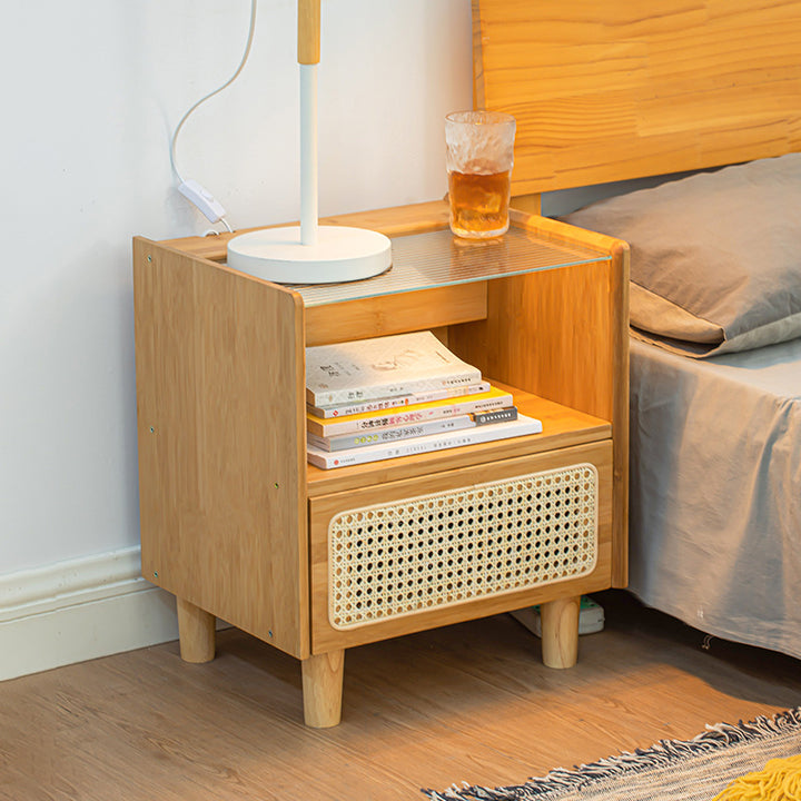 Traditional Japanese Weaving Rattan Glass Wood Rectangular Nightstand 1-Drawer For Bedside