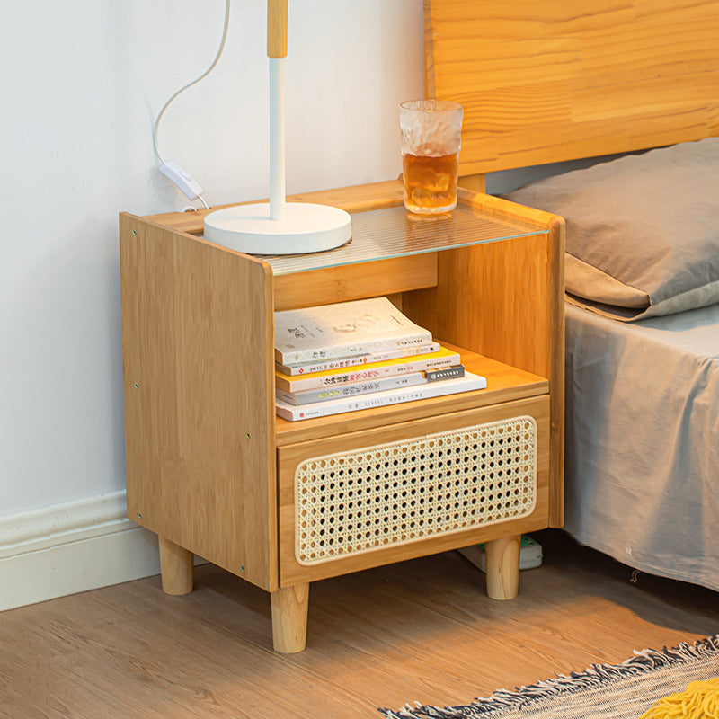 Traditional Japanese Weaving Rattan Glass Wood Rectangular Nightstand 1-Drawer For Bedside