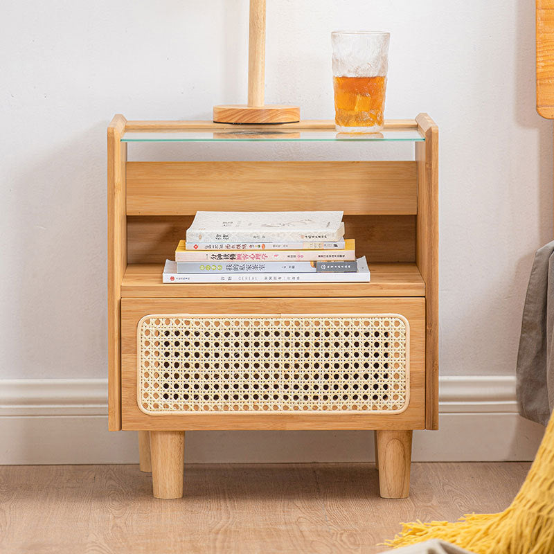 Traditional Japanese Weaving Rattan Glass Wood Rectangular Nightstand 1-Drawer For Bedside