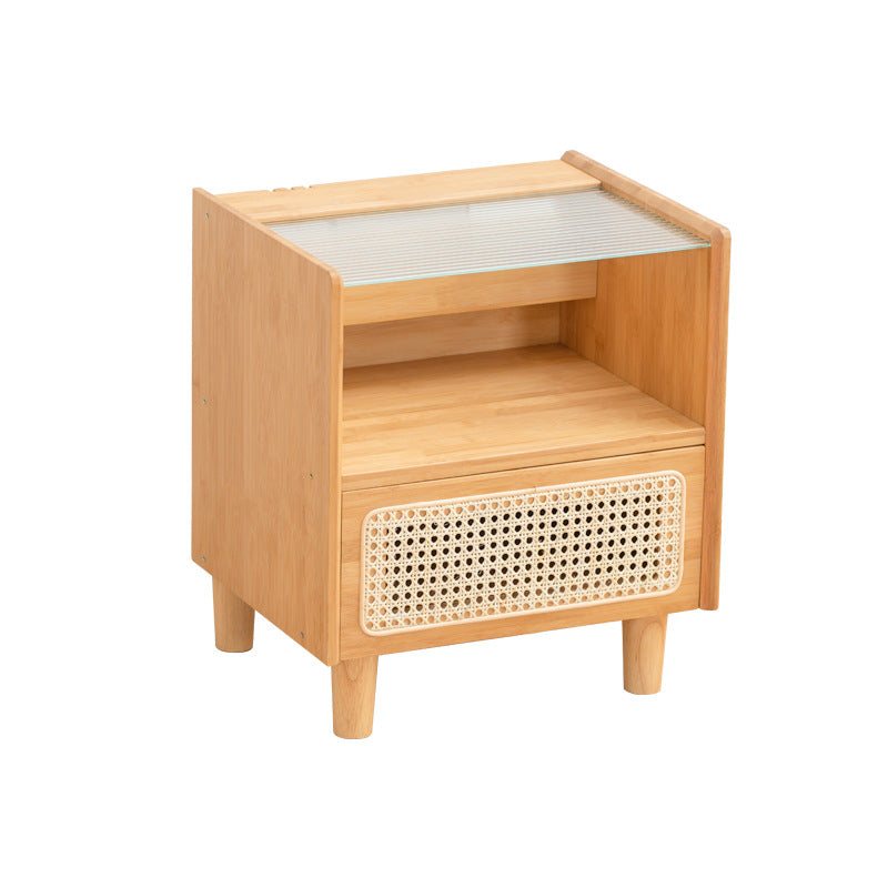 Traditional Japanese Weaving Rattan Glass Wood Rectangular Nightstand 1-Drawer For Bedside