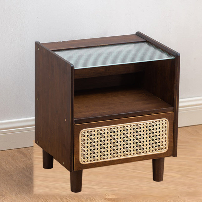 Traditional Japanese Weaving Rattan Glass Wood Rectangular Nightstand 1-Drawer For Bedside