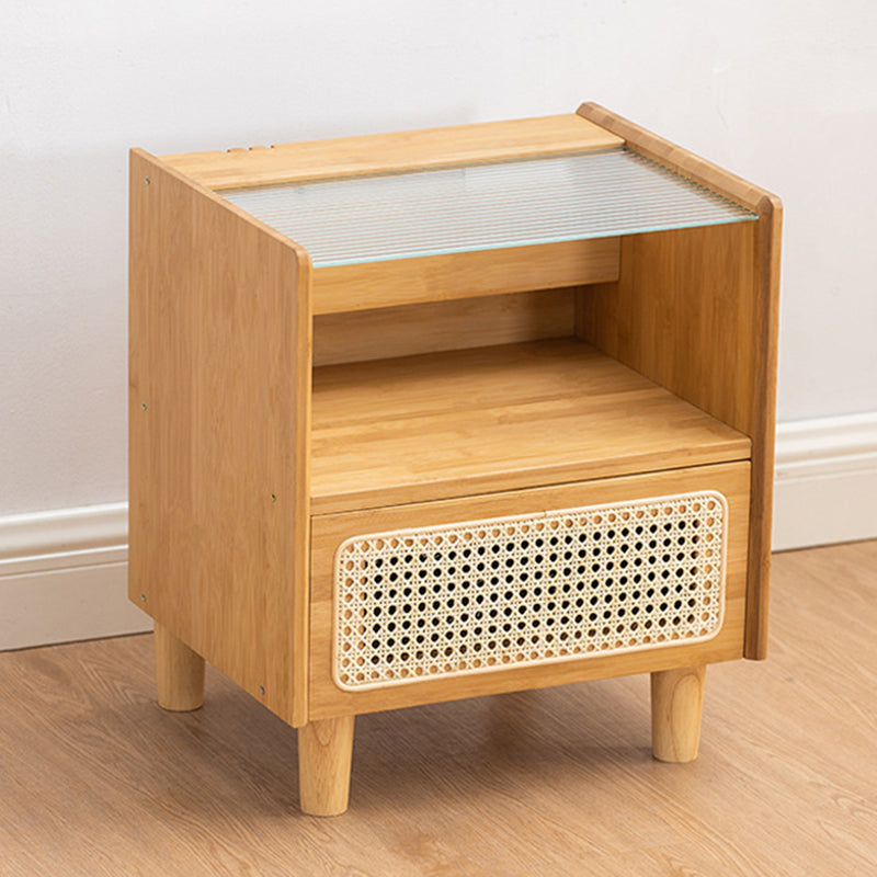Traditional Japanese Weaving Rattan Glass Wood Rectangular Nightstand 1-Drawer For Bedside
