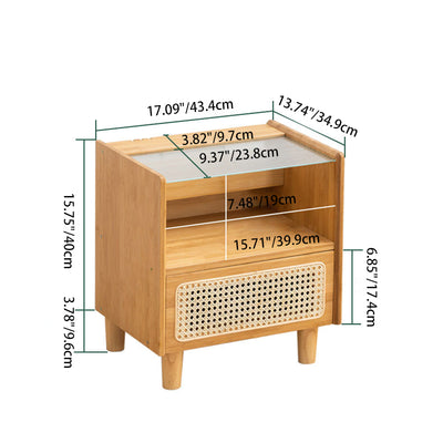 Traditional Japanese Weaving Rattan Glass Wood Rectangular Nightstand 1-Drawer For Bedside