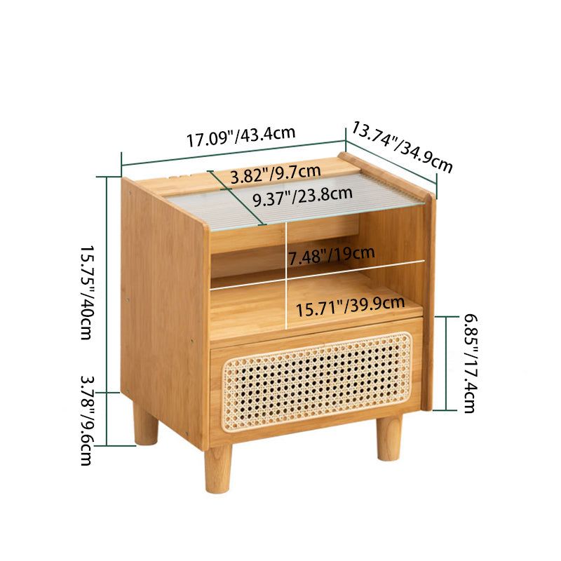 Traditional Japanese Weaving Rattan Glass Wood Rectangular Nightstand 1-Drawer For Bedside