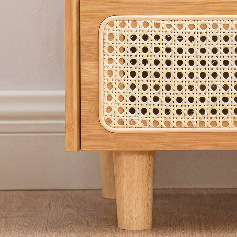 Traditional Japanese Weaving Rattan Glass Wood Rectangular Nightstand 1-Drawer For Bedside