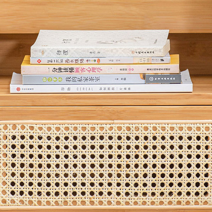 Traditional Japanese Weaving Rattan Glass Wood Rectangular Nightstand 1-Drawer For Bedside