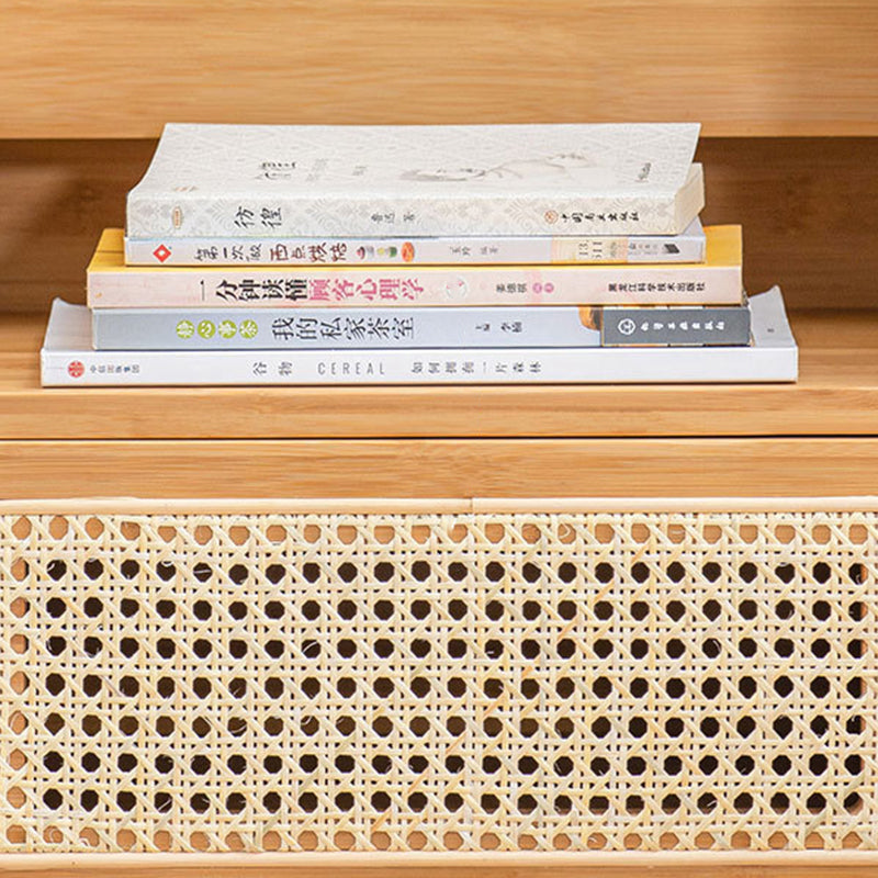 Traditional Japanese Weaving Rattan Glass Wood Rectangular Nightstand 1-Drawer For Bedside