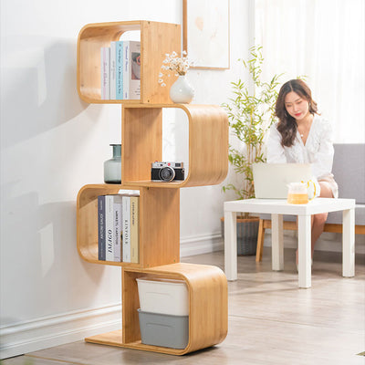 Modern Simplicity Bamboo Curved S-Shaped Square Bookshelves 2/3/4/5 Tiers For Living Room