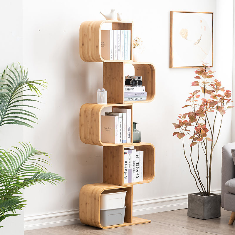 Modern Simplicity Bamboo Curved S-Shaped Square Bookshelves 2/3/4/5 Tiers For Living Room
