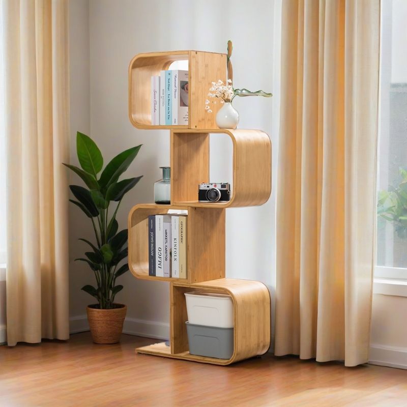 Modern Simplicity Bamboo Curved S-Shaped Square Bookshelves 2/3/4/5 Tiers For Living Room