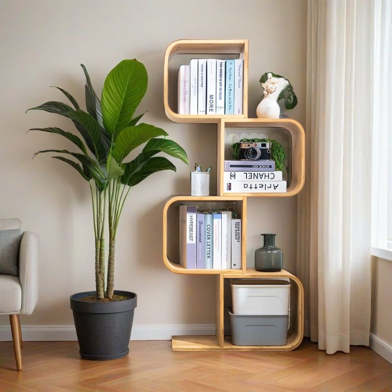 Modern Simplicity Bamboo Curved S-Shaped Square Bookshelves 2/3/4/5 Tiers For Living Room