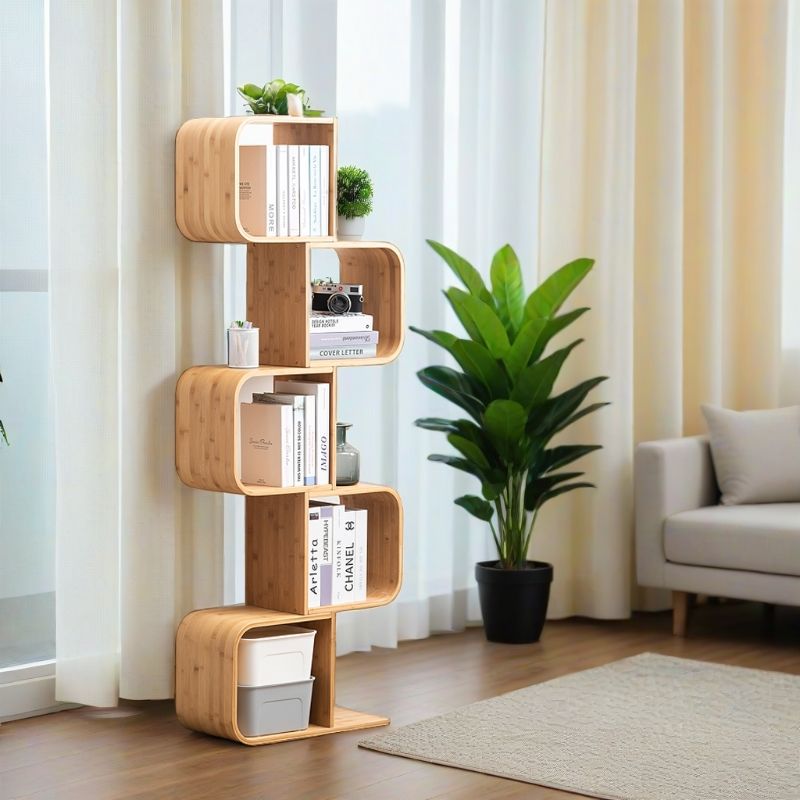 Modern Simplicity Bamboo Curved S-Shaped Square Bookshelves 2/3/4/5 Tiers For Living Room