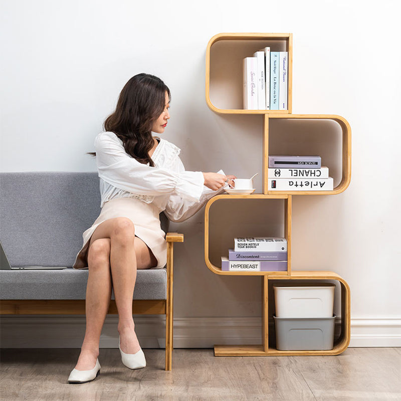 Modern Simplicity Bamboo Curved S-Shaped Square Bookshelves 2/3/4/5 Tiers For Living Room