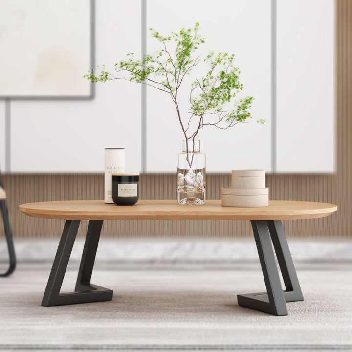 Zeitgenössischer nordischer Holz-Eisen-Oval-Dreieck-Bein-Couchtisch 1-Tablett für Wohnzimmer 